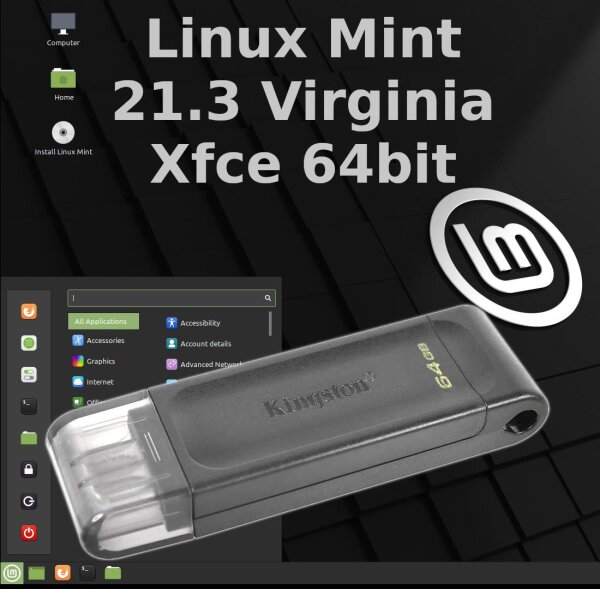 Linux Mint 21.3 Virginia Xfce auf 64GB USB-C Stick Kingston DataTraveler 70