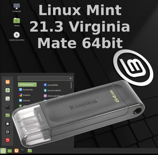 Linux Mint 21.3 Virginia Mate on 64GB USB-C Pendrive Kingston DataTraveler 70