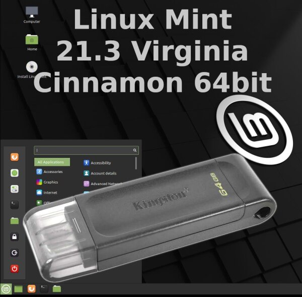 Linux Mint 21.3 Virginia Cinnamon on 64GB USB-C Pendrive Kingston DataTraveler 70